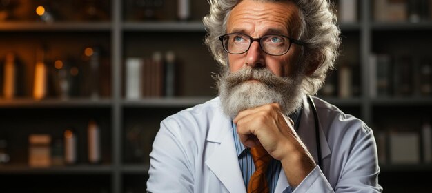 Photo medical professional leans introspectively with hand on chin