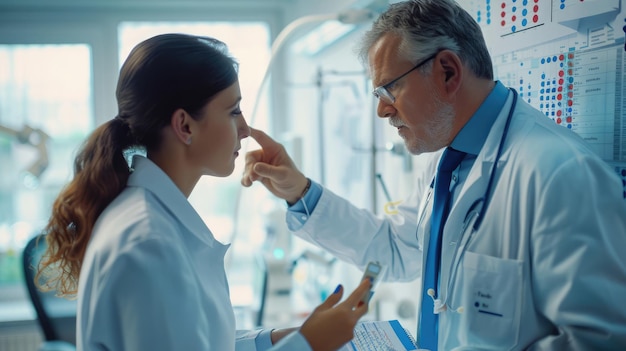 Medical professional points at chart explaining DNA findings to patient in a bright room