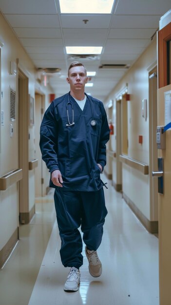 Medical professional walking in hospital corridor