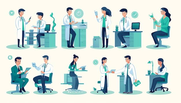 写真 医療従事者のキャラクター イラスト 青と緑のテーマ 白い背景