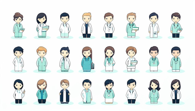 medical professionals character illustrations blue and green theme white background