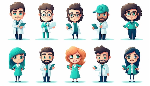 Foto illustrazioni di personaggi medici tema blu e verde sfondo bianco