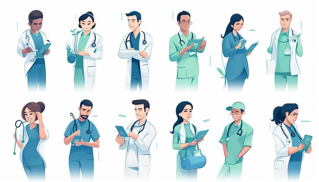 medical professionals character illustrations blue and green theme white background