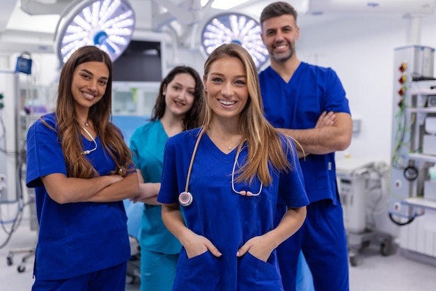 Medical professionals standing together concept of health protection Successful team of medical doctors are looking at camera and smiling while standing in hospital