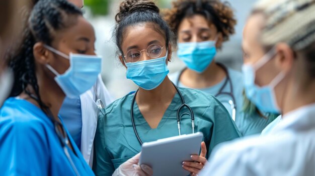 Medical professionals with face masks examining a tablet