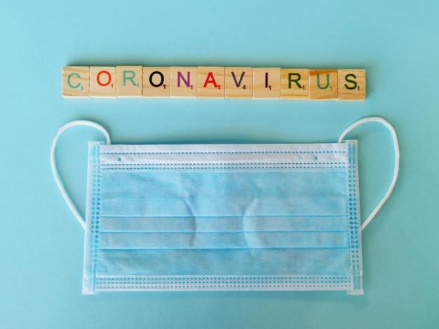 Medical protective disposable blue mask with coronavirus text
