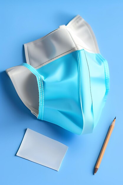 Medical protective mask and paper crumpled napkins on blue background