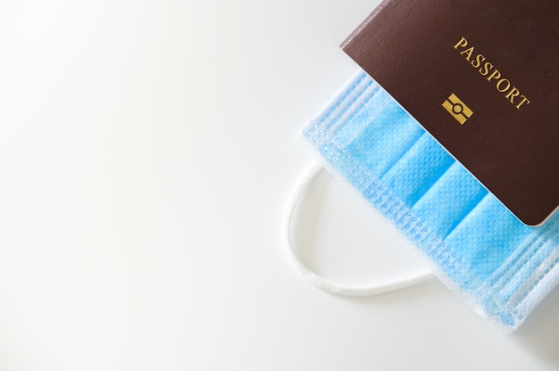 医療用防護マスクとパスポート。コンセプト旅行、内訳国