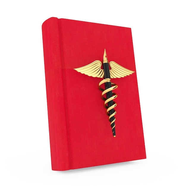 Medical Publication Concept. Golden Fountain Writing Pen as Gold Medical Caduceus Symbol over Red Medical Book on a white background. 3d Rendering