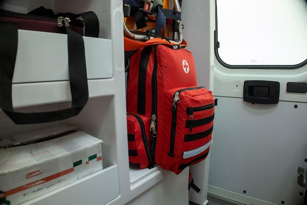 Photo medical red backpack in an ambulance