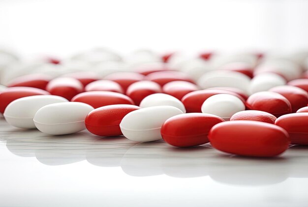 медицинские красные и белые таблетки на заднем плане