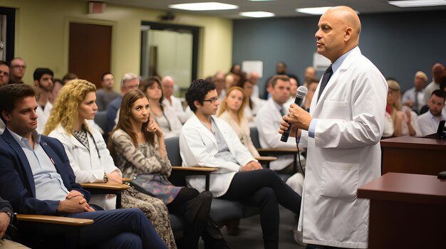 Foto un background medico con medici e studenti