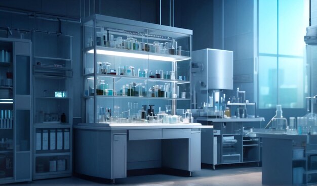 Medical research Room with Medical equipment and Blue light background