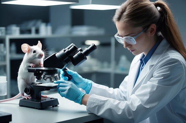 Photo medical research scientist examines laboratory mice and looks on tissue samples under microscope