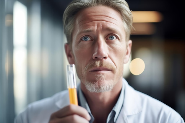 Medical researcher with a serious look examining a test tube