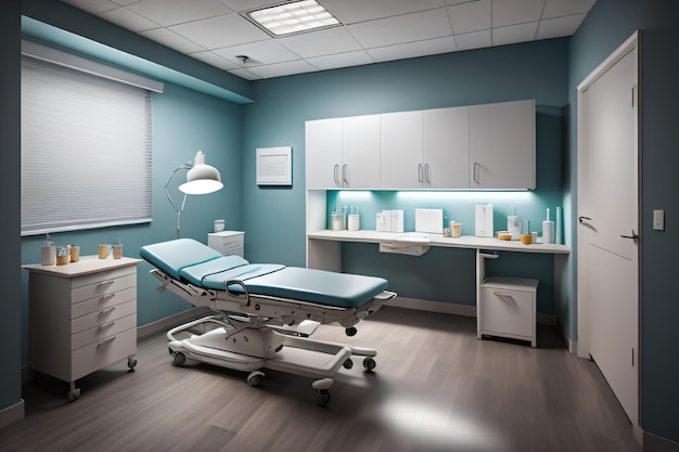 A medical room with a blue wall and a white table with a table that says medical equipment.