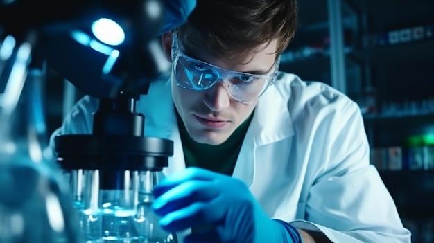 Medical Science Laboratory Portrait of Handsome man male Scientist Looking Under Microscope