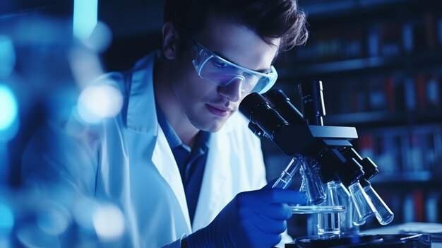 사진 현미경으로 보고 있는 잘생긴 남자 남성 과학자의 의료 과학 실험실 초상화