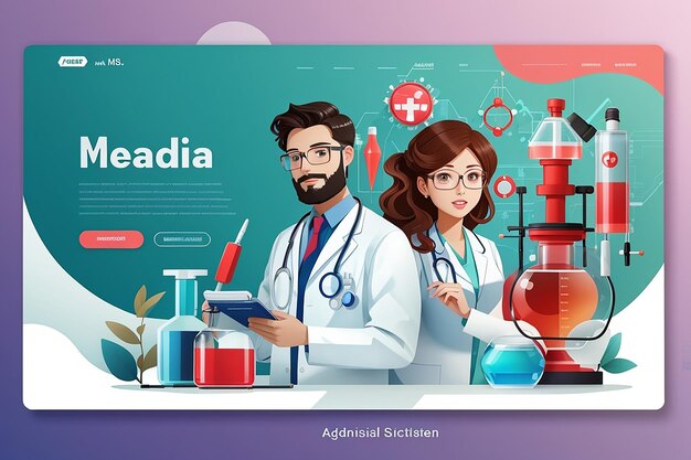 Medical science responsive template background page design with character of doctor and nurse in medical lab