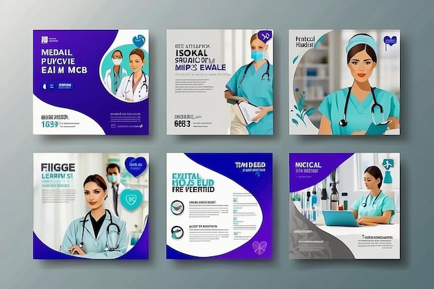 Medical social media post template design set for health treatment