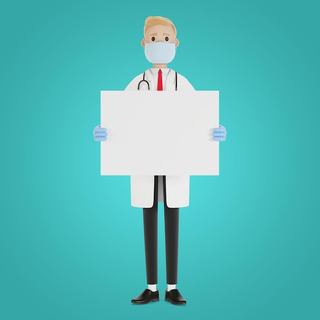 Медицинский специалист держит пустой плакат. 3D иллюстрации в мультяшном стиле.