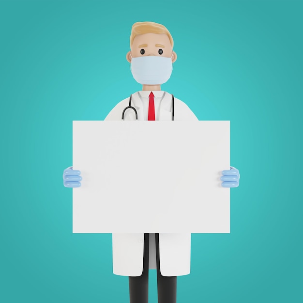 漫画のスタイルで空白のポスター3Dイラストを保持している医療専門家