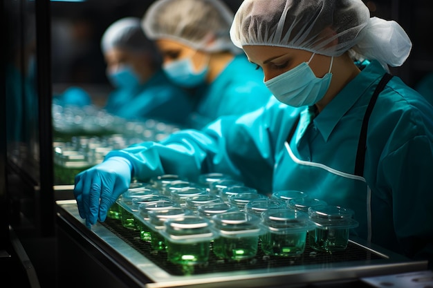 Medical specialists analyzing at laboratory Scientists in protective suit working in lab