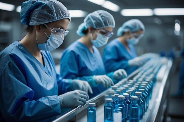 Photo medical staff in anti bacterial suits meticulously examine a series of small medical bottles