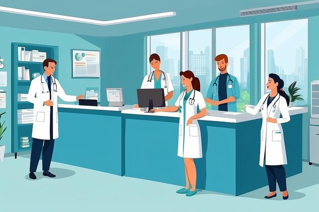 Medical staff template with doctor nurse assistant reception in clinic in flat style vector illustration