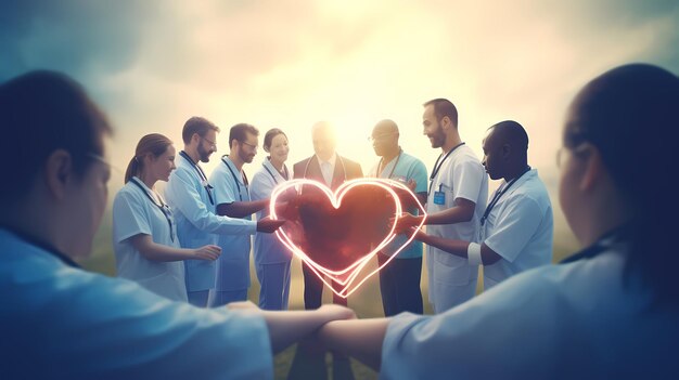 Foto l'unità dello staff medico e dei medici che lavorano insieme e il lavoro di squadra medico o gli operatori sanitari l'unità e la partnership sanitaria globale come un gruppo di medici diversi collegati insieme a forma di cuore