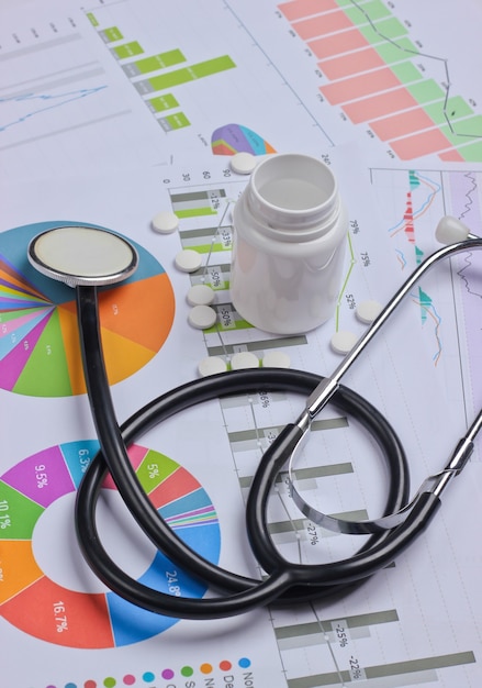 Medical statistics and analytics. Stethoscope and bottle pills with graphs and charts.