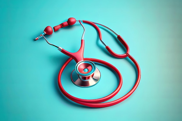 Medical stethoscope and bright red heart on blue background close up Generative Ai