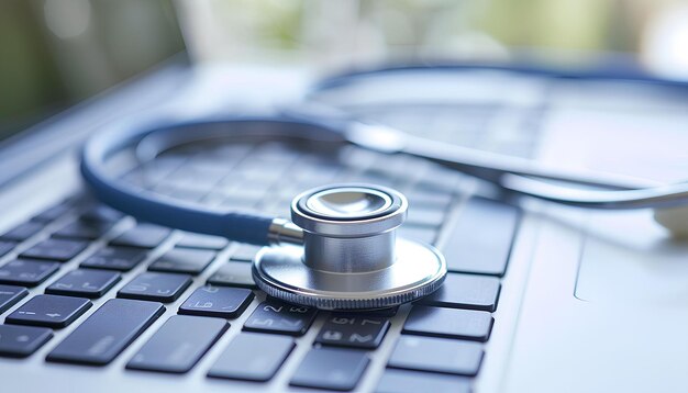 Photo medical stethoscope on laptop keyboard on blurred doctor and white hospital background