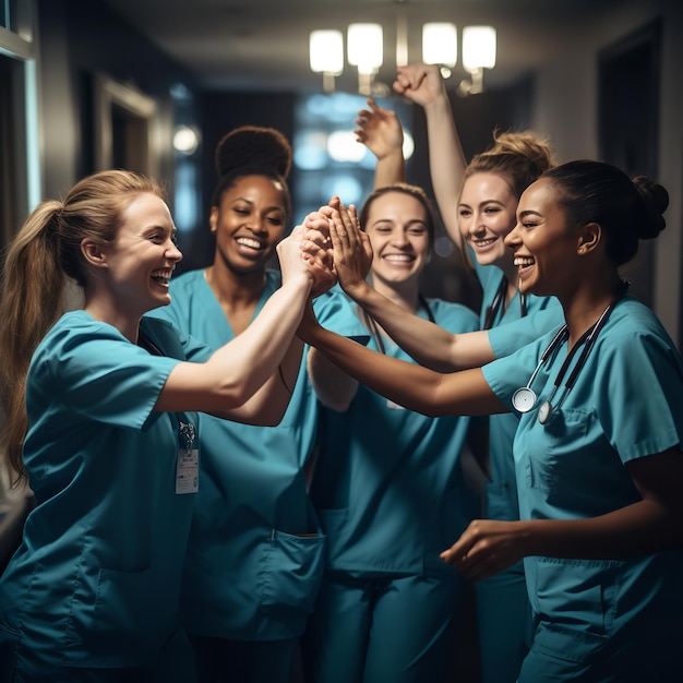 Foto gli infermieri studenti di medicina si danno il cinque generativo.