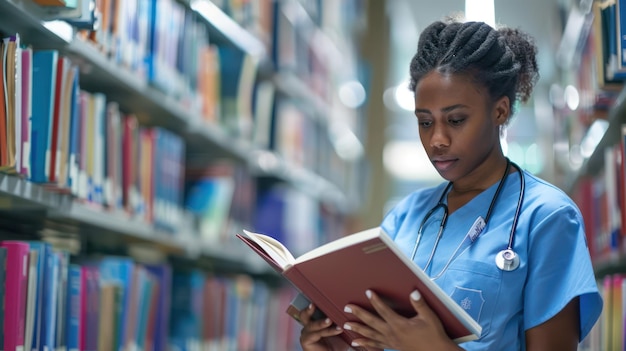 Photo a medical student studying textbooks in a library