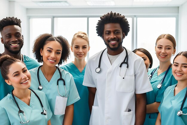 Medical students group leader and clinic portrait with happiness diversity or solidarity for healthcare Nurse black man and women for motivation service or collaboration in hospital for learning