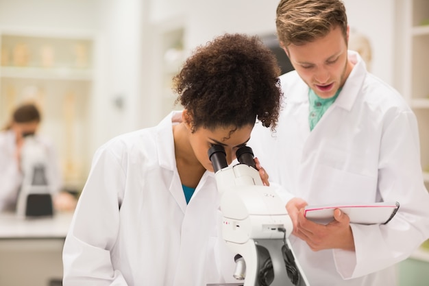 Medical students working with microscope