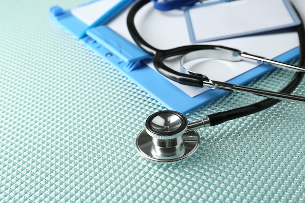 Medical supplies on blue table closeup