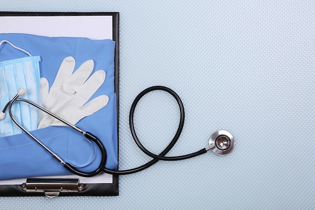 Medical supplies on blue table closeup