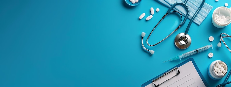 Photo medical supplies and equipment on a blue background
