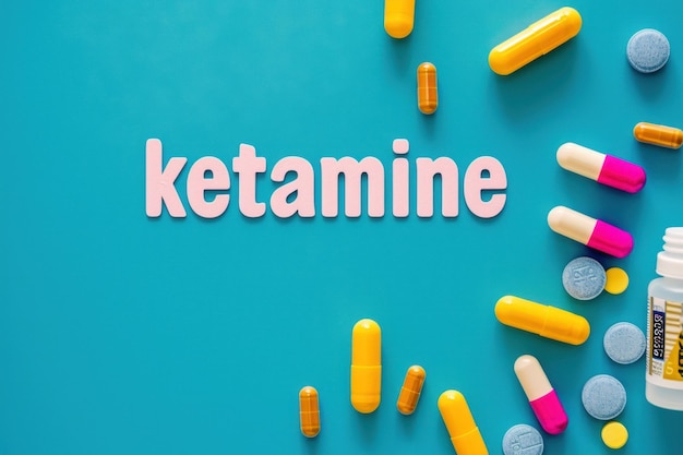 Medical syringe on the background of the word ketamine text minimalism flat layer