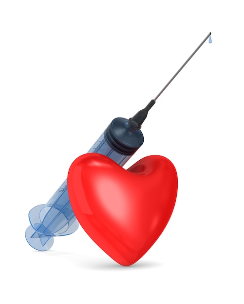 Medical syringe and heart. Isolated, 3D rendering