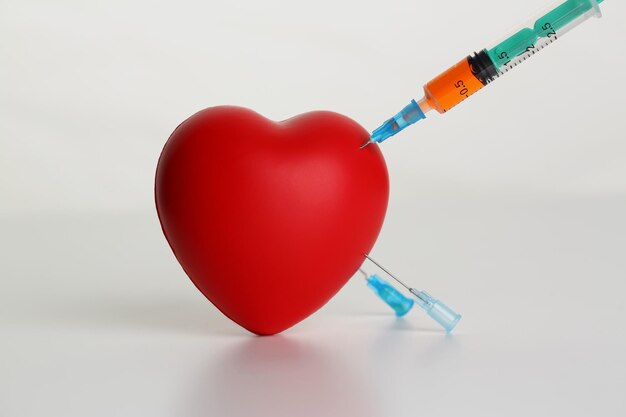 Medical syringe in a red heart on a white background