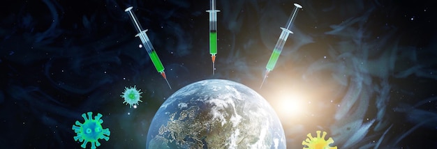 바늘이 달린 의료용 주사기가 지구에 백신을 접종했습니다. 3D 렌더링. NASA에서 제공한 이 이미지의 요소입니다.