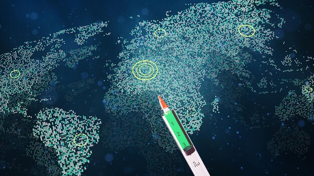 La siringa medica con un ago ha vaccinato il pianeta terra. rappresentazione 3d. elementi di questa immagine forniti dalla nasa.