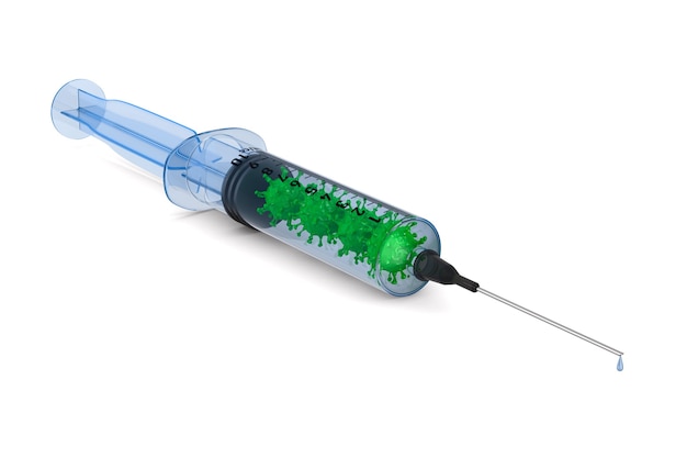 Medical syringe with vaccine on white.