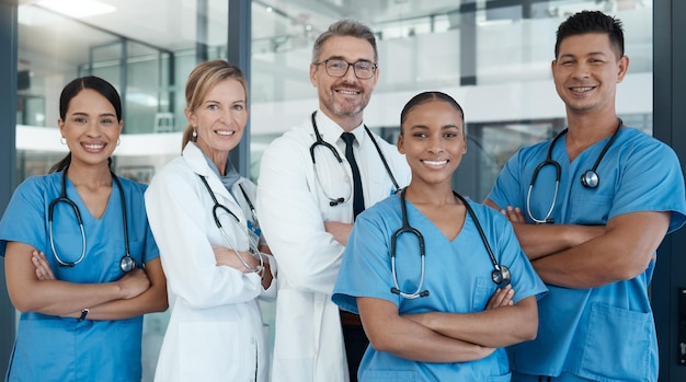 Medical team of doctors or healthcare nurse in hospital for vision motivation or leadership in hospital Happy teamwork or wellness people or workers for health portrait or medicine in clinic