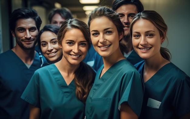 Medical Team Gathering Doctors and Nurses in Hospital Corridor