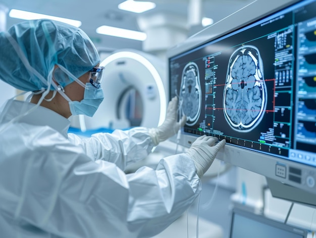 the medical team is looking at a monitor screen with a picture of a human brain xrayed using an mri or ct scan