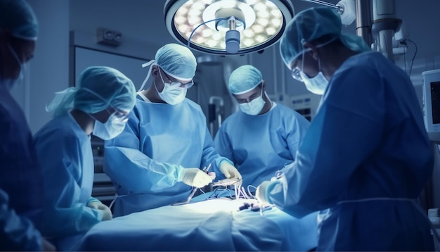 Foto equipe medica che esegue operazione chirurgica in sala operatoria luminosa